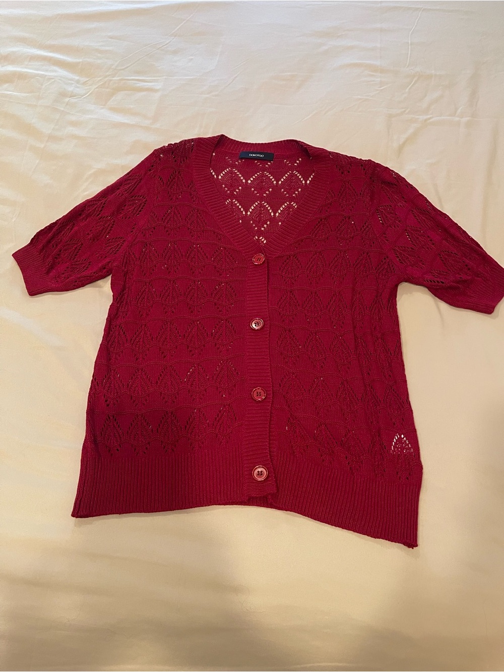 Red Openwork Button-Front Women's Sweater Cardi